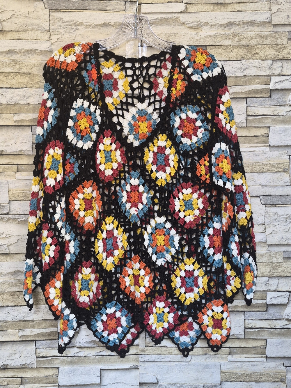 Crochet Sweater Womens OS Black Multi Boho Festival Hippie Chic Retro